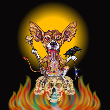 Devil dog holding staff and hanging man with black crow on hand sitting on burning skulls-concept idea for Halloween dayのイラスト素材