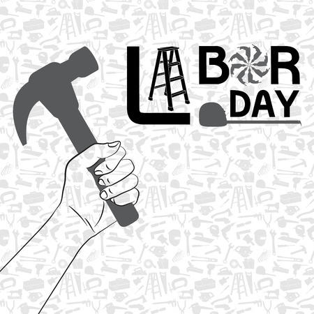Hand holding hammer with pattern of tool background- labor day conceptのイラスト素材