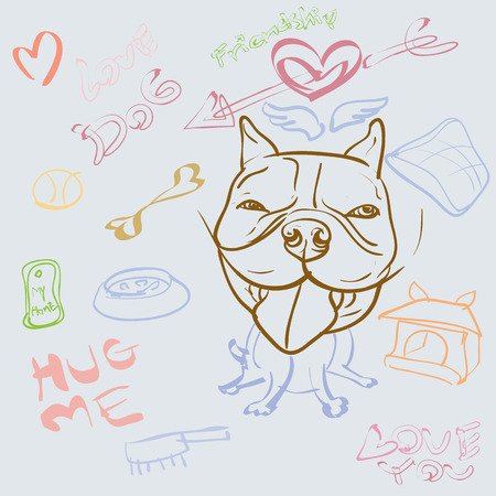 Doodle drawing of dog and accessory on whiteのイラスト素材