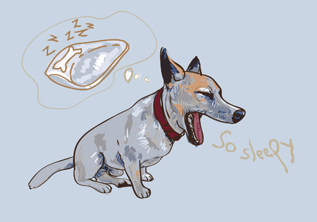 Drawing of adorable yawning dog while thinking to bedのイラスト素材