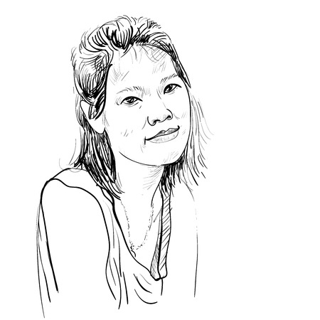 Drawing sketch vector of asian girl portrait on whiteの写真素材