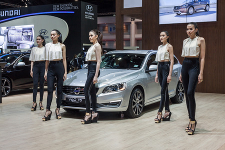 Nonthburi,Thailand - March 26th, 2015: Volvo V60 T5 Sport Wagon,petrol-electric hybrid systems,showed in Thailand the 36th Bangkok International Motor Show on 26 March 2015のeditorial素材