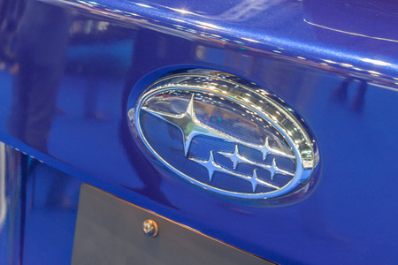 Nonthaburi,Thailand - March 26th, 2015: Close up logo of Subaru ,showed in Thailand the 36th Bangkok International Motor Show on 26 March 2015のeditorial素材