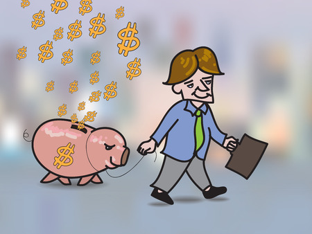 Money falling in hole on back of pink piggy bankのイラスト素材