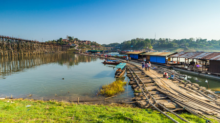 Kanchanaburi,Thailand - March 15th, 2015: Tourist travel to famous place,bammboo bridge a landmark of Sankhlaburi on 15 March 2015のeditorial素材