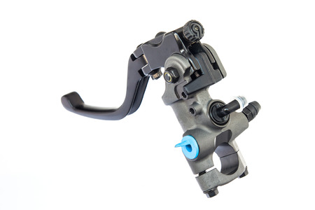 Spare part of black motorcycle lever isolated on whiteの写真素材