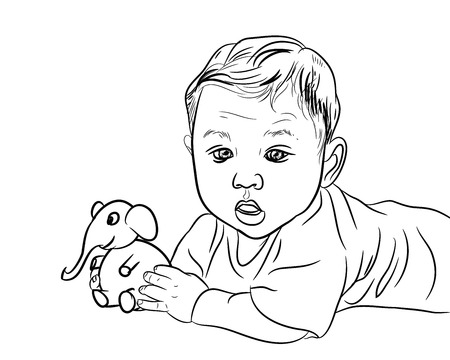 Drawing of male baby playing elephant toy on whiteのイラスト素材