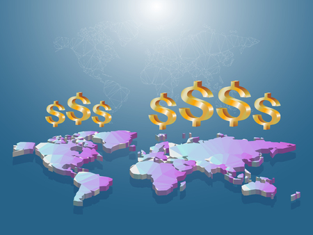 Golden dollar sign floating on low poly of world map 3D with white struction line map on blue  background.のイラスト素材
