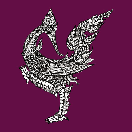 Thai traditional swan,black and white drawing on purple background,illustrationのイラスト素材
