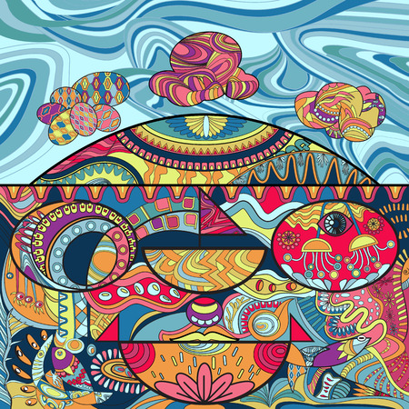 Line art with coloring of abstract shape and line,hand drawn sketch with doodleのイラスト素材