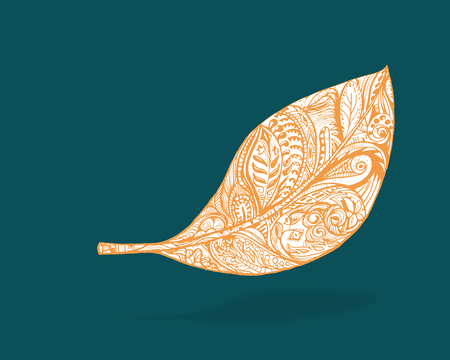 Yellow line art with of leaf and shadow on green background,hand drawn sketch with doodle, floral elements.のイラスト素材