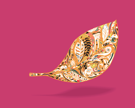 Line art with coloring of leaf and shadow on pink background,hand drawn sketch with doodle, floral elements.のイラスト素材