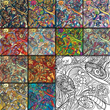 Set of line art with coloring ,hand drawn sketch for adult antistress coloring page with doodle, zentangles の写真素材