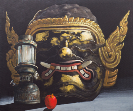Acrylic painting of actor's mask,Thai classic masked play enacting scenes from the Ramayana, on canvas,a contempolary artの写真素材