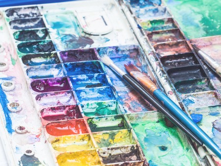 Closeup art instrument,watercolor,brush,paletteの写真素材