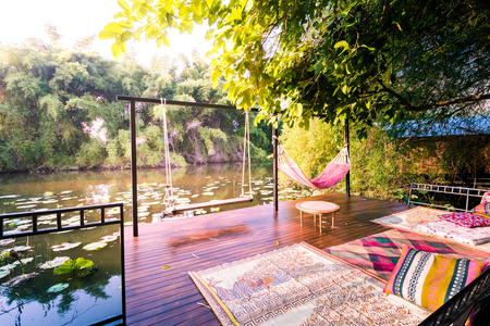 Wooden terrace under tree locate on swamp for massageの写真素材