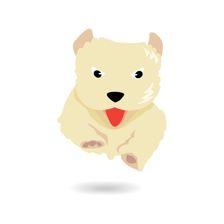 Cute yellow dog jumping and flying over floor with shadow isolated on white background.のイラスト素材