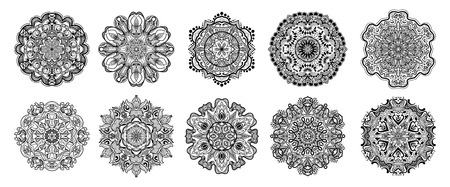 Set of Flower Mandala. Vintage decorative elements. Oriental pattern, vector illustration on white background, Coloring book page.のイラスト素材
