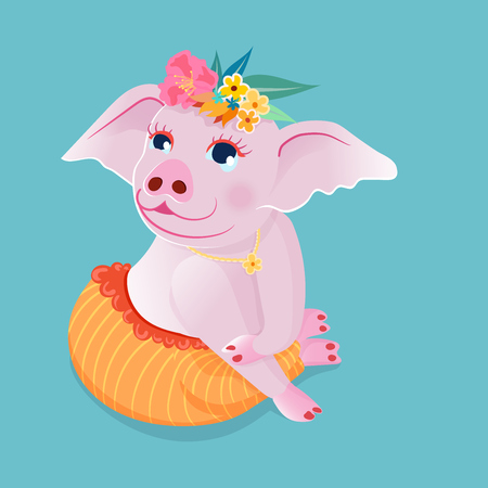 Cute pig sit squat on the floor in a polite attitude,wearing necklace and decorate flower on head, on blue background.のイラスト素材