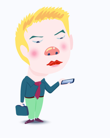 A male businessman holds a briefcase and examines his smartphone with a weary face.のイラスト素材