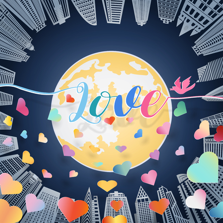 Love letter with bird and scatter of colorful heart with shadow floating over big yellow full moon and high building on blue background, paper art style, concept for valentine.vector illustration.のイラスト素材