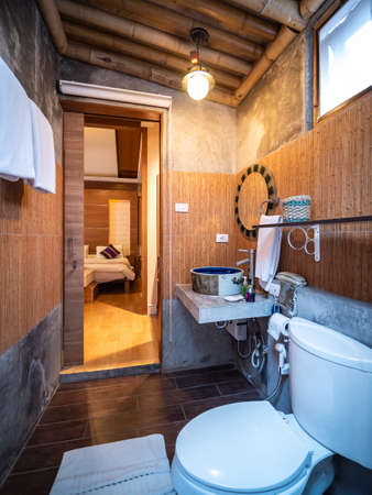 Toilet and bathroom of japan bedroom style of hotel resort in Thailand.の写真素材