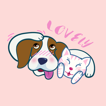 Cute beagle dog hug a cat, both express shy emotion, lovely friend ship, cartoon vector illustration on pink background.のイラスト素材