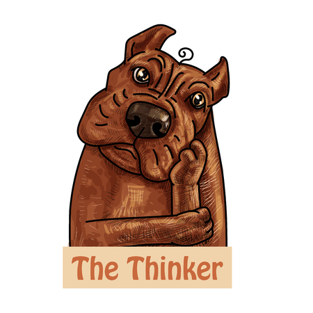 Brown portrait of bully dog in thinking pose with text isolated on white background, vector illustration.のイラスト素材