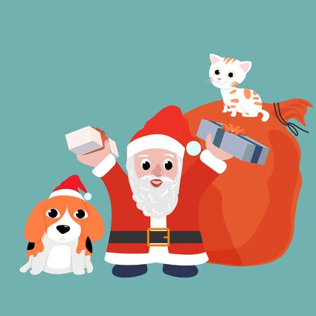 Santa claus hold and raise present with beagle dog wearing red hat and cat sitting on big bag contain presents inside. Vector illustration.のイラスト素材