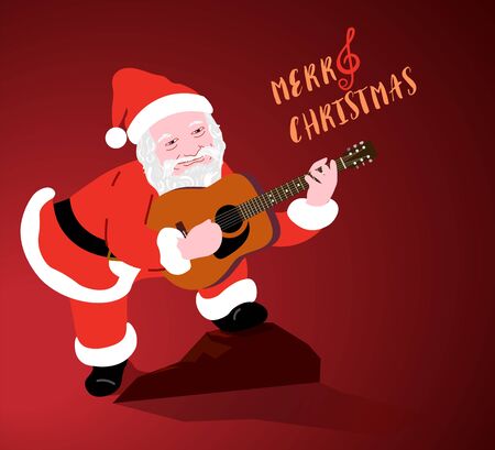 Santa claus playing folk guitar against red blackground with merry christmas text. Vector illustration.のイラスト素材