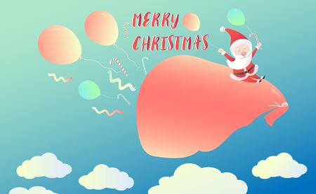 Funny Santa claus riding big bag of gift box over white cloud with blue sky, Christmas concept. Vector illustration.のイラスト素材