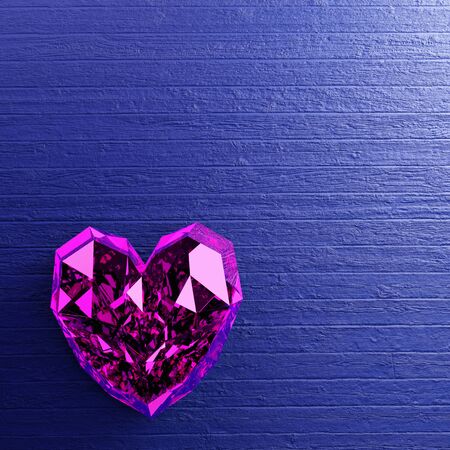 Purple heart shape diamond on blue wooden background. Symbol for valentine day. 3D render.の写真素材