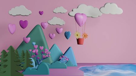 Heart shape balloon floating over forest with group of heart levitate over mountain and pink background. 3D rendering.の写真素材