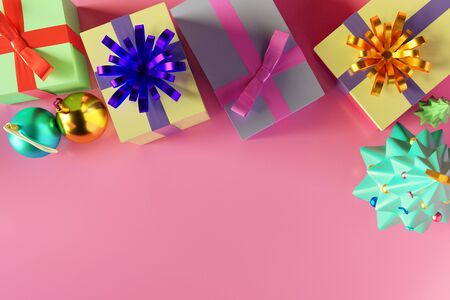 Christmas tree and gift boxes with shiny ball, Merry Christmas and happy new year with empty space, top view, 3D illustration.の写真素材