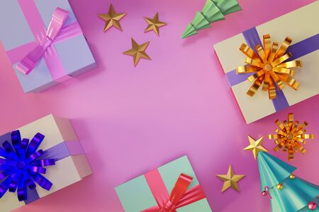Christmas tree and gift boxes with shiny ball, Merry Christmas and happy new year with empty space, top view, 3D illustration.の写真素材