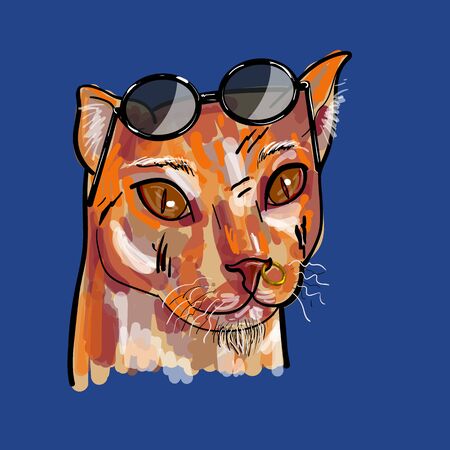 A hipster ginger cat with sunglasses ,ing at nose and scar on face on blue background. vector illustration.のイラスト素材