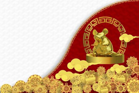 Chinese new year 2020 greeting card with cute rat, zodiac sign, on half red and white pattern background.,
Vector illustration.の写真素材