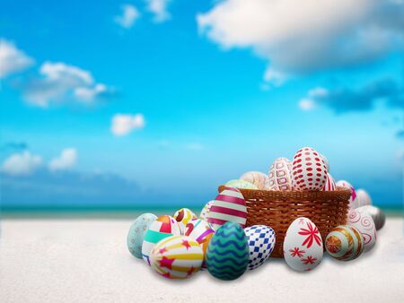 Set of colorful easter eggs in a basket place on white sand with view of sea and blue sky with cloud. 3D illustration.の写真素材