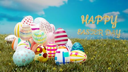 Set of colorful easter eggs place on green grass with text on blue sky background. 3D illustration.