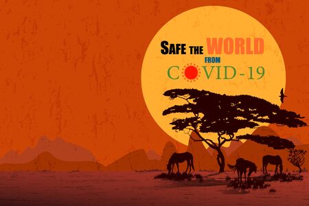 Safe the world from covid - 19, Coronavirus, text in the big sun is falling behind the field with mountain and silhouette of tree and horse eating grass. vector illustrationのイラスト素材