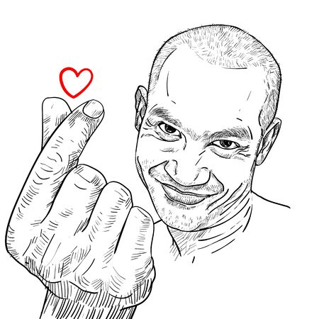 Drawing funny portrait of Asian guy showing mini heart of hand sign with small rea heart. vector illustration.のイラスト素材