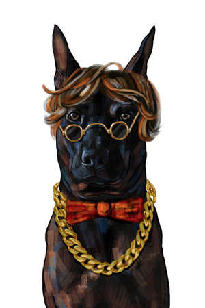 Hipster black Thai Ridgeback dog, wear big gold necklace, red bow, eyeglasses and cool hair style isolated on white background. digital paintingの写真素材