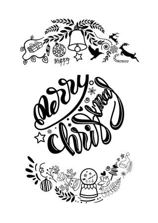 Merry Christmas hand drawn lettering with doodle of Christmas sign and symbol. vector illustrationのイラスト素材