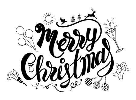 Merry Christmas lettering with accessory for celebration. Christmas Greeting Card on white background. Vector illustration.のイラスト素材