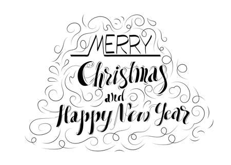 Merry Christmas and Happy New Year hand drawn lettering with doodle pattern on white background. vector illustrationのイラスト素材