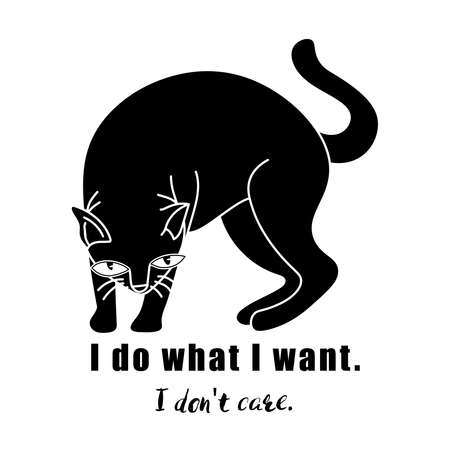 Black cat silhouette with phrase " I do what I want, I don't care". Print for T-shirt, pet shop logo, label, decor elements and design products for pets. vector illustration.のイラスト素材