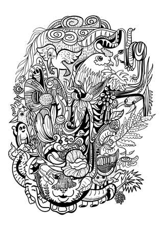 Drawing abstract pattern of nature, animal and plant, black and white on white background. vector illustration.のイラスト素材