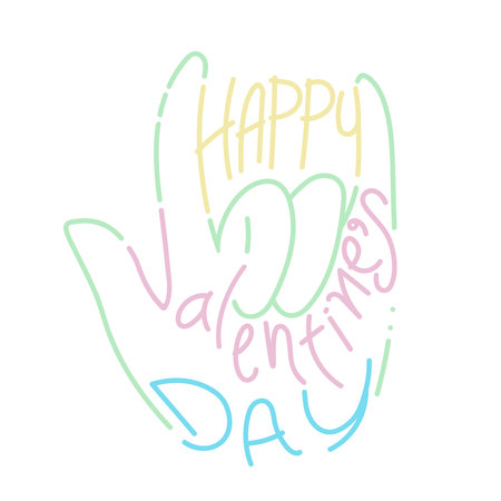 Happy Valentine's day vector card. Happy Valentines Day lettering with pattern in I love you hand sign shape isolated on white background. vector illustration.のイラスト素材
