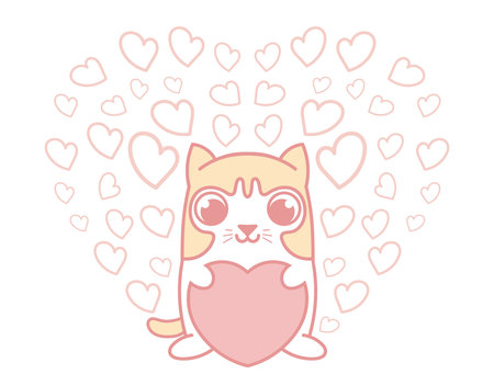 Cute cat holding pink heart with group of small hearts isolated on background. Love concept for valentine.のイラスト素材