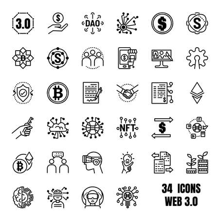 Web3 or Web 3.0 vector icon set. Contains symbols such as defi, token, decentralisation, marketplace.のイラスト素材